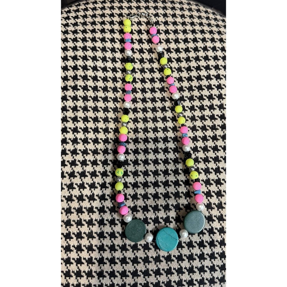 VTG 80s Neon Beaded Necklace Pink Green Turquoise New Wave Memphis Costume Jwlry